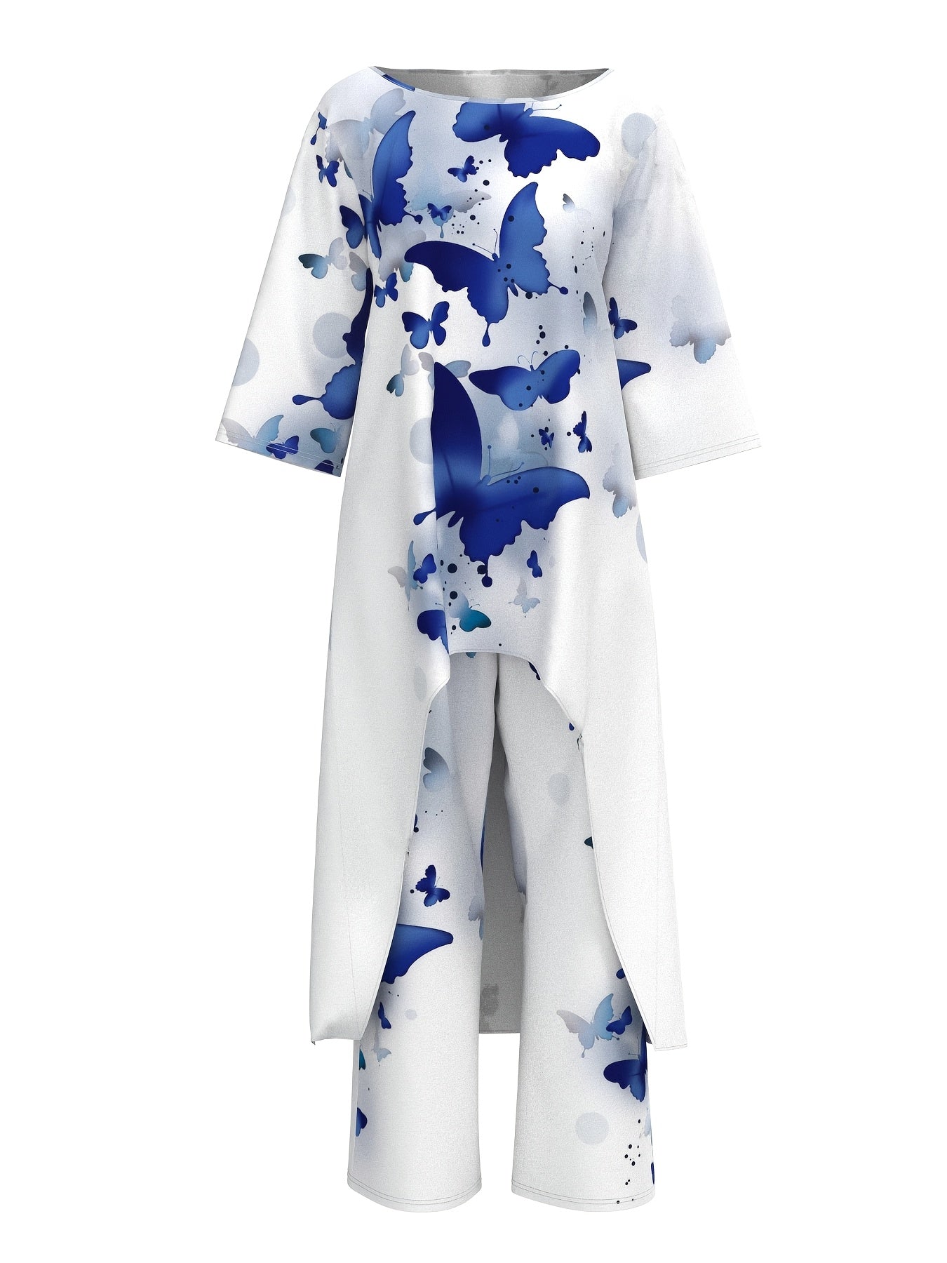 Tagged Women's Clothing, Vacation Style, Butterfly Pattern, Pants Set, Elastic Waist Pants, Long Design Top, Woven Print Pattern